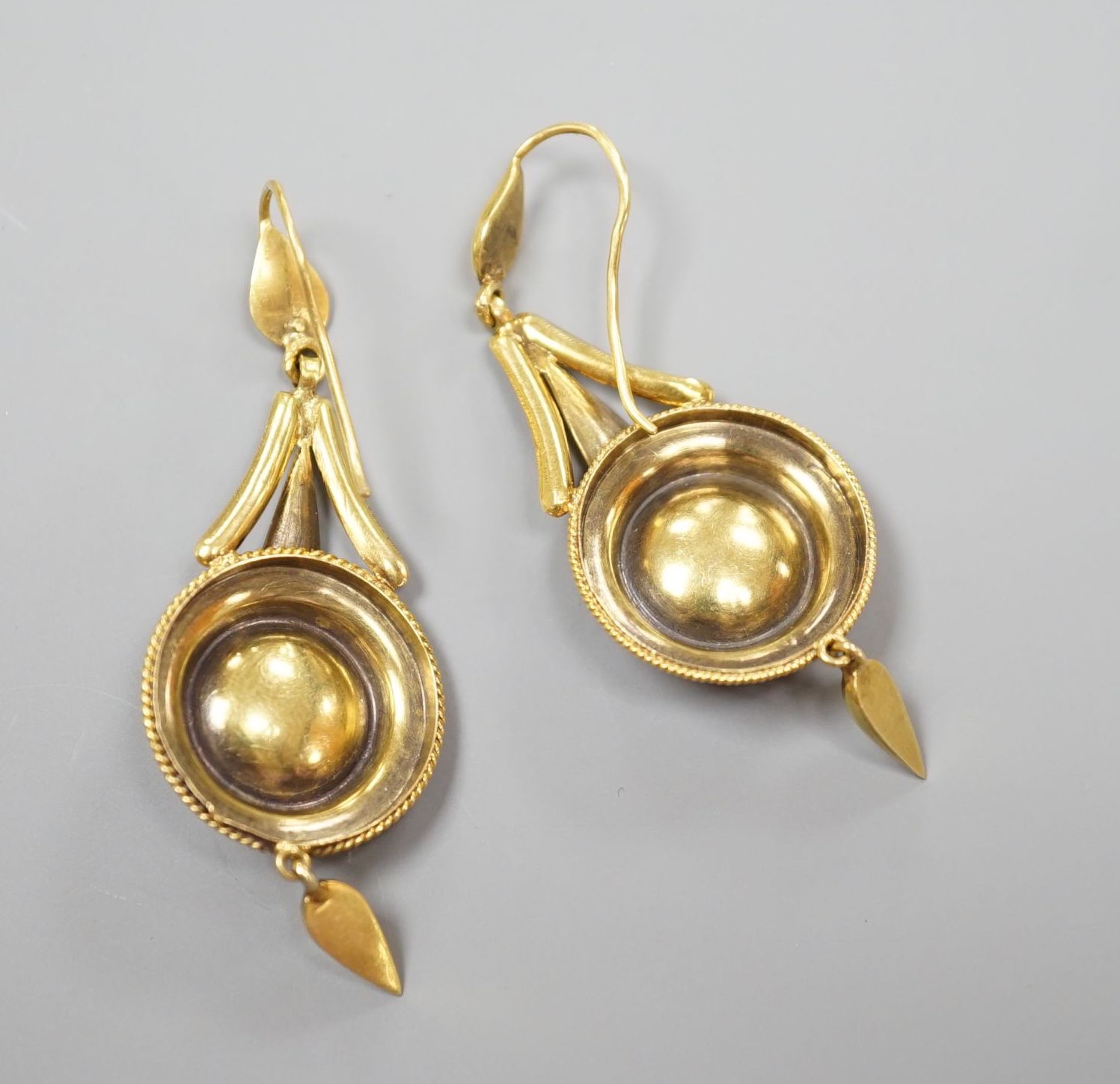 A pair of antique yellow metal, split pearl and diamond chip set drop earrings, overall 54mm, gross weight 5.9 grams.